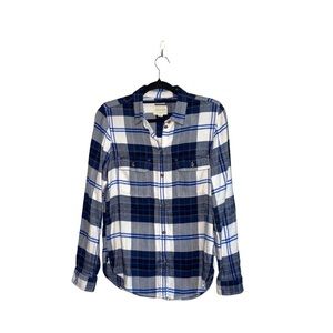 American Eagle Classic Fit Blue & Black Plaid Print Button Down Top Sz M